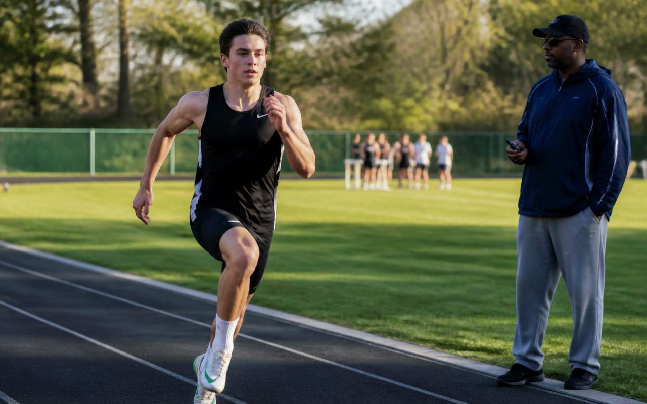 A high school sprinter running a timed trial while a coach watches from the infield