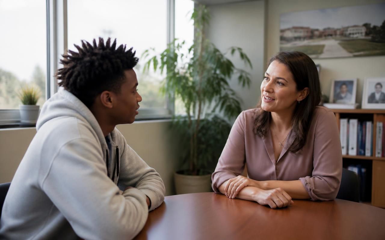 A school counselor talking with a high school student about their future