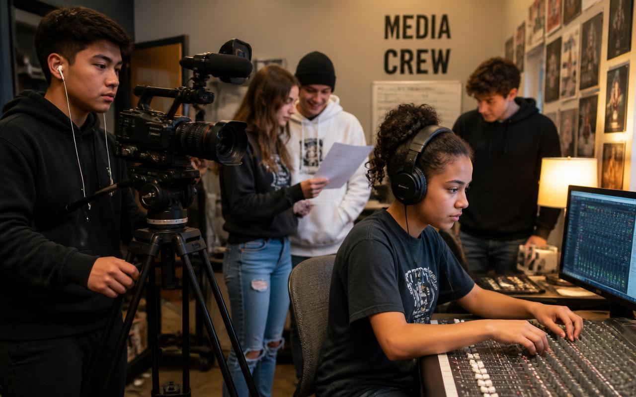 Students running a camera and an audio mixing desk together in a school media studio