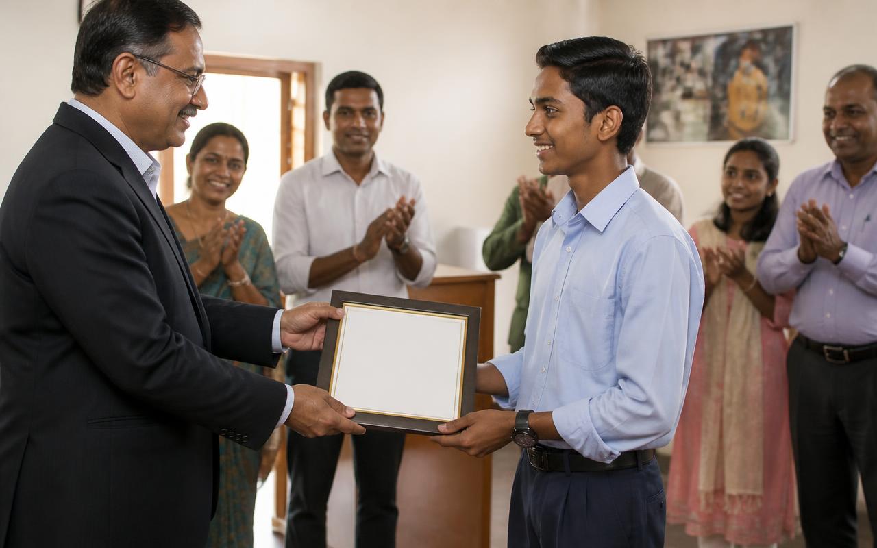A student receiving an industry certification from a program director