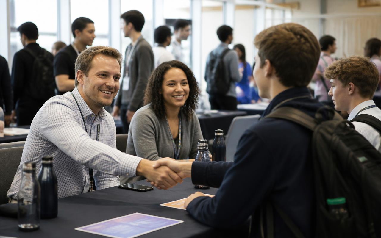 A college representative meeting a student and guardian