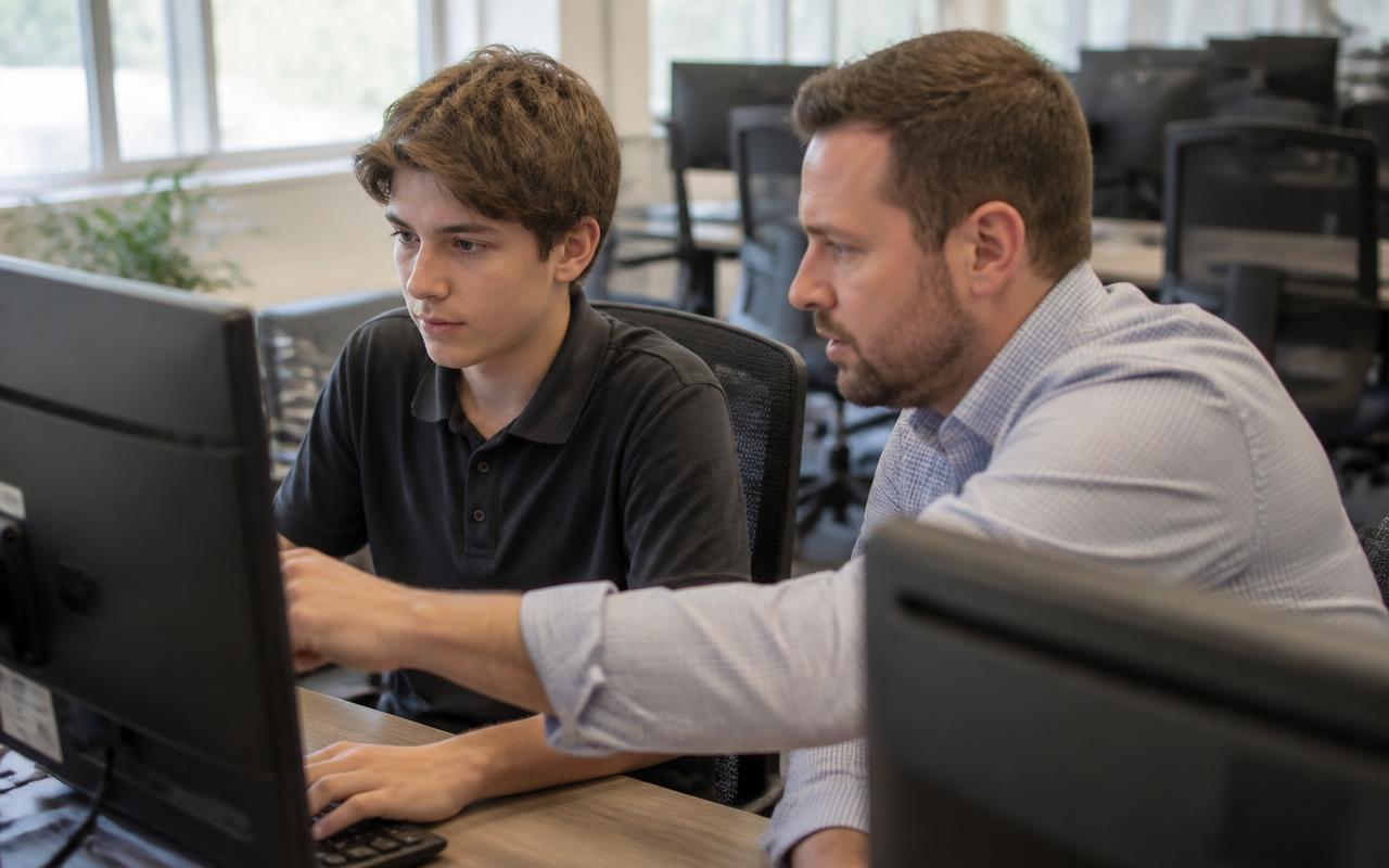 A student intern working alongside a supervisor on site