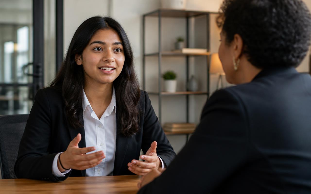 A young person answering questions in a practice interview with an adult interviewer