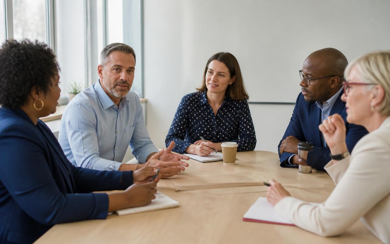 School and workforce program leaders talking together around a meeting table