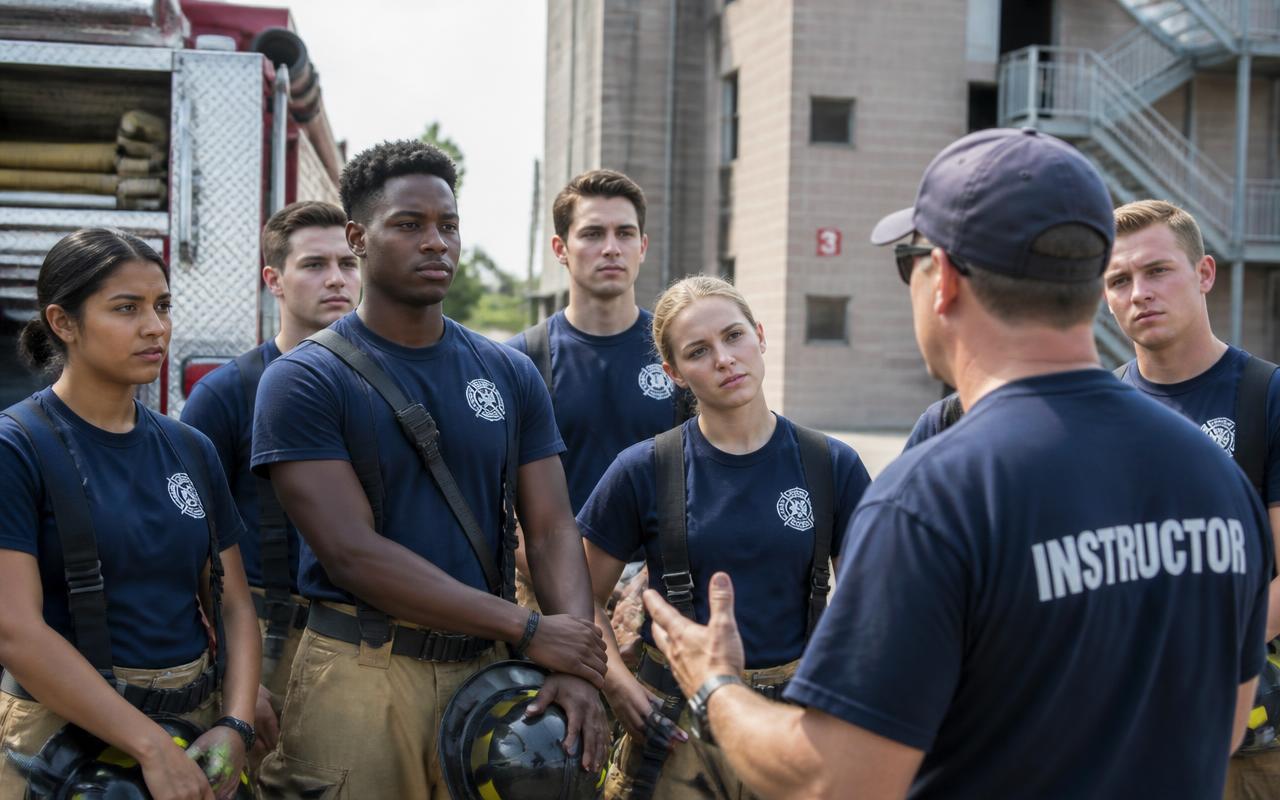 Young public safety cadets in uniform listening to an instructor at a training academy