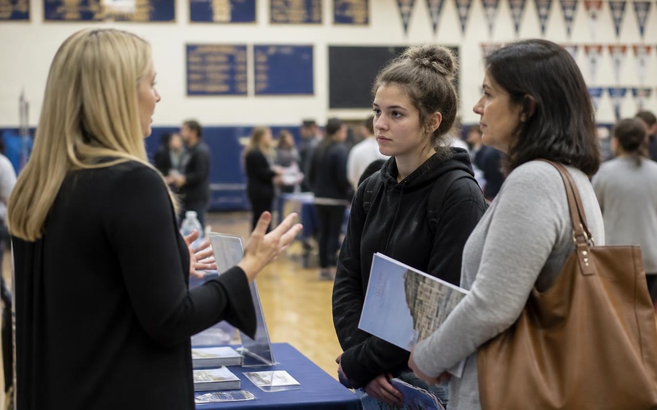 A college representative meeting a student and a parent at a college fair
