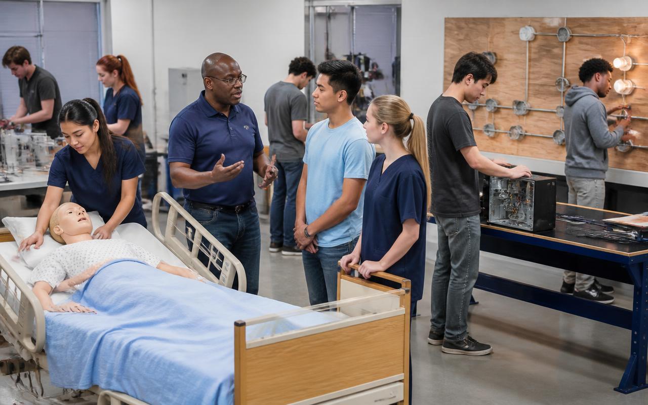 Young adults learning measurement from an instructor in a training bay